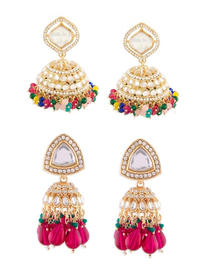 Zaveri Pearls طقم أقراط جومكي تقليدية من زافيري بيرلز، مكون من قطعتين، خرز متعدد الألوان وأحجار براقة، للنساء - ZPFK18312 - Image 1