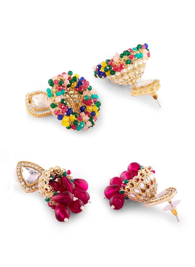 Zaveri Pearls طقم أقراط جومكي تقليدية من زافيري بيرلز، مكون من قطعتين، خرز متعدد الألوان وأحجار براقة، للنساء - ZPFK18312 - Image 5