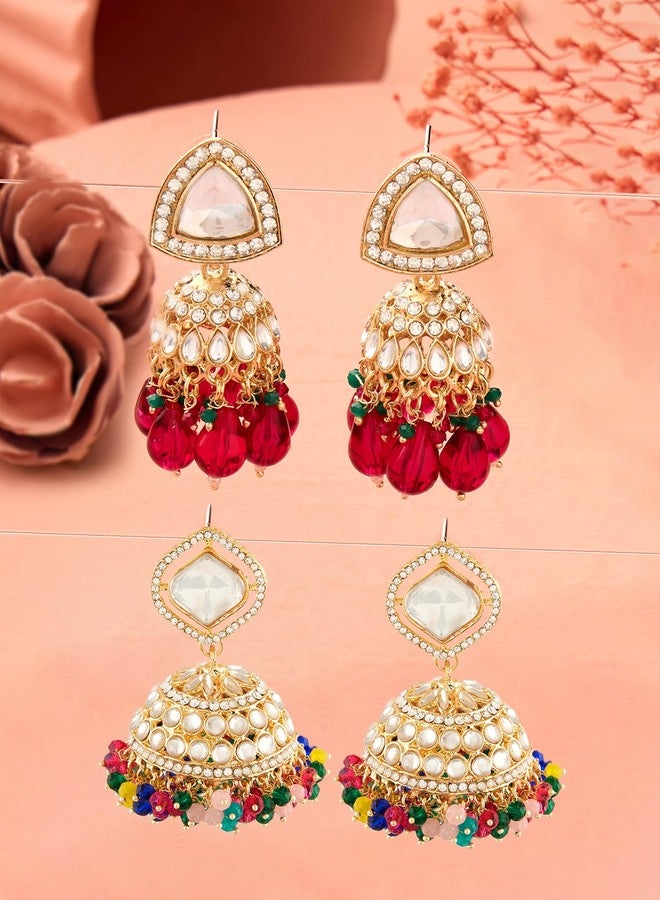 Zaveri Pearls طقم أقراط جومكي تقليدية من زافيري بيرلز، مكون من قطعتين، خرز متعدد الألوان وأحجار براقة، للنساء - ZPFK18312 - Image 2