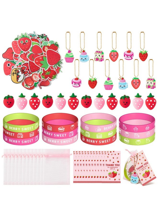 Haooryx 110Pcs Strawberry Theme Party Favors Fruit Mochi Toys Berry Sweet Rubber Bracelet Acrylic Strawberry Scrapbook Stickers Keychains With Thank You Card For Girls Birthday Summer Party Goodie Bag - Image 2