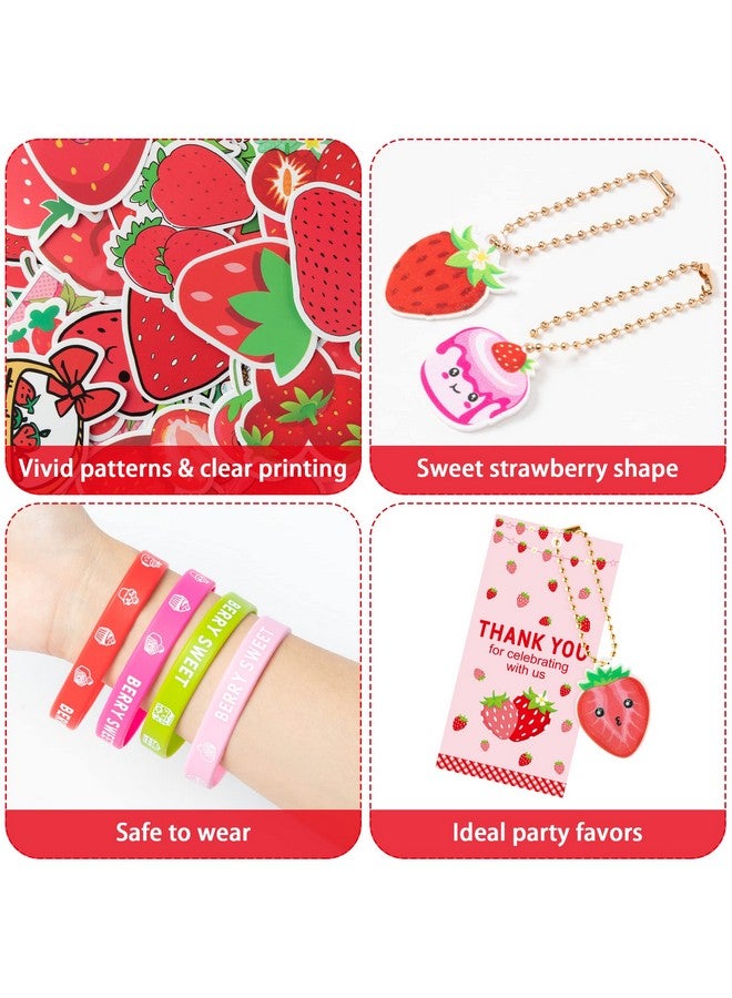 Haooryx 110Pcs Strawberry Theme Party Favors Fruit Mochi Toys Berry Sweet Rubber Bracelet Acrylic Strawberry Scrapbook Stickers Keychains With Thank You Card For Girls Birthday Summer Party Goodie Bag - Image 4