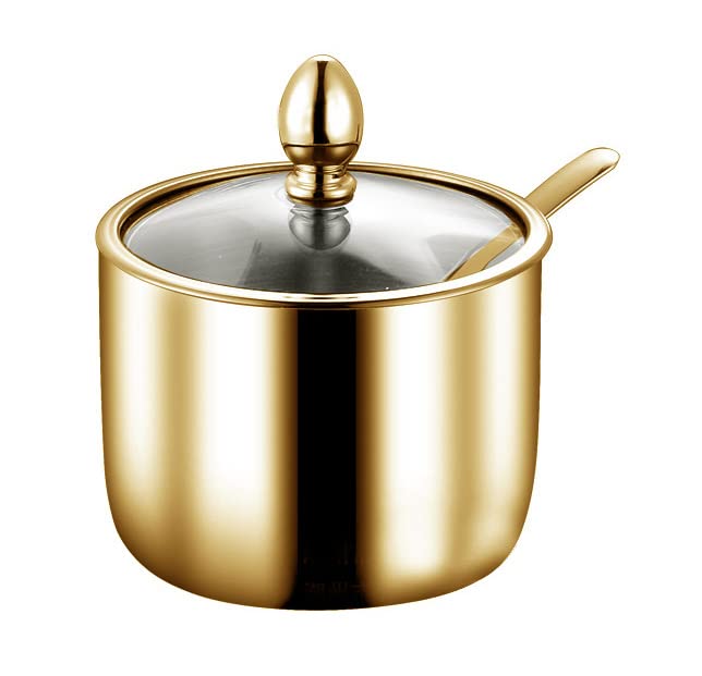 Mozacona Gold Stainless Steel Sugar Bowl Spice Jar Seasoning Pot Storage with Lid Spoon - Image 1