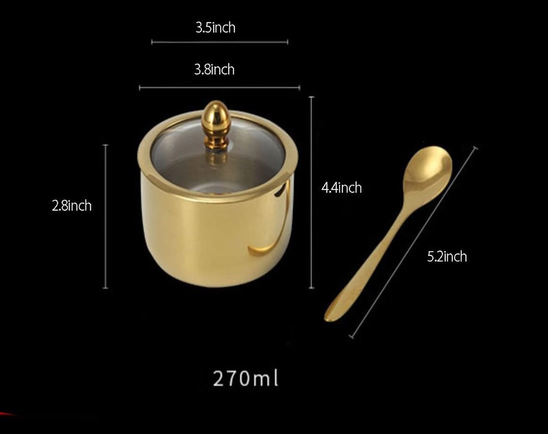 Mozacona Gold Stainless Steel Sugar Bowl Spice Jar Seasoning Pot Storage with Lid Spoon - Image 2