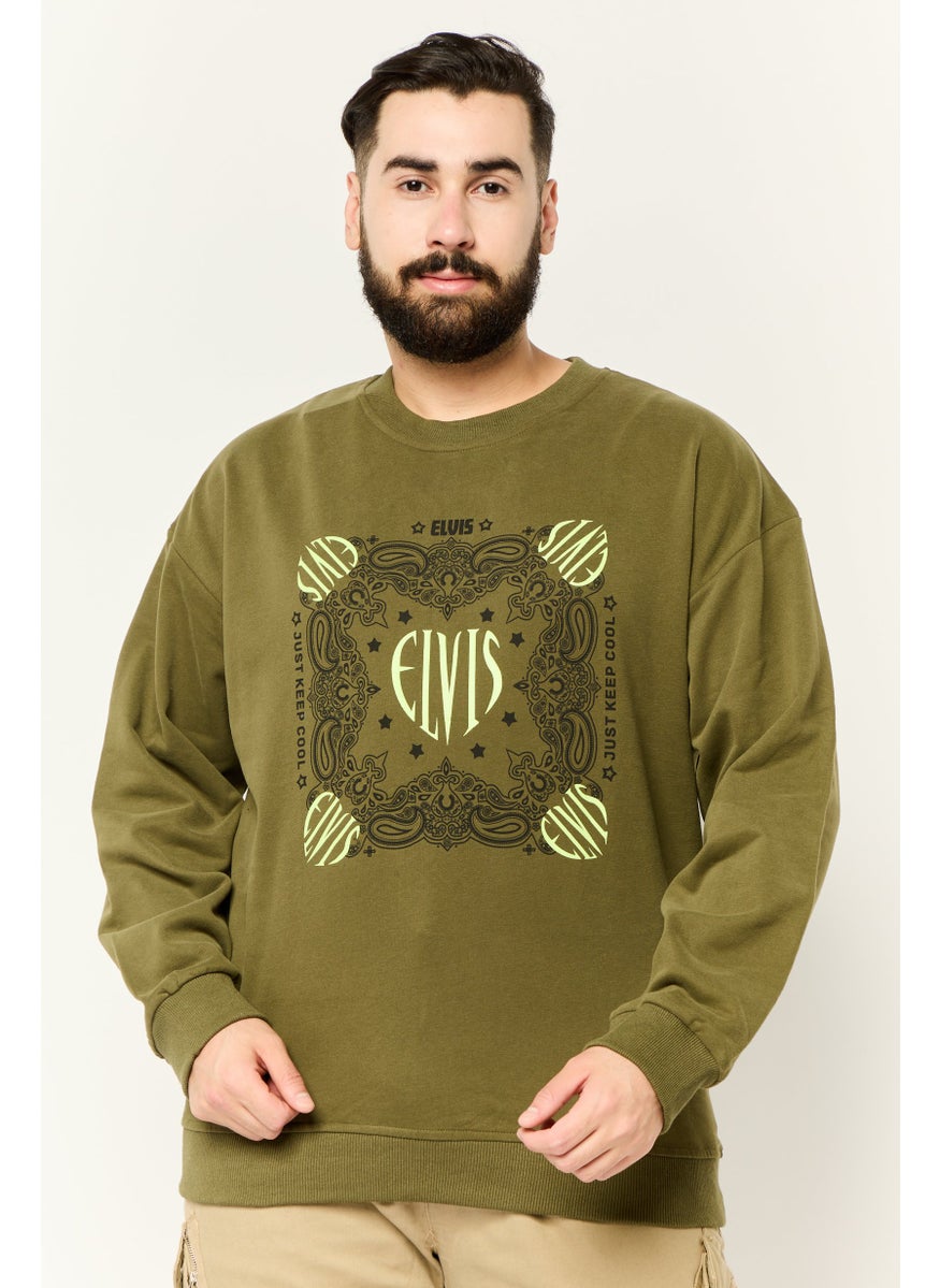 ELVIS Men Crew Neck Long Sleeves Graphic Printed Sweatshirt, Dark Olive  - Image 1