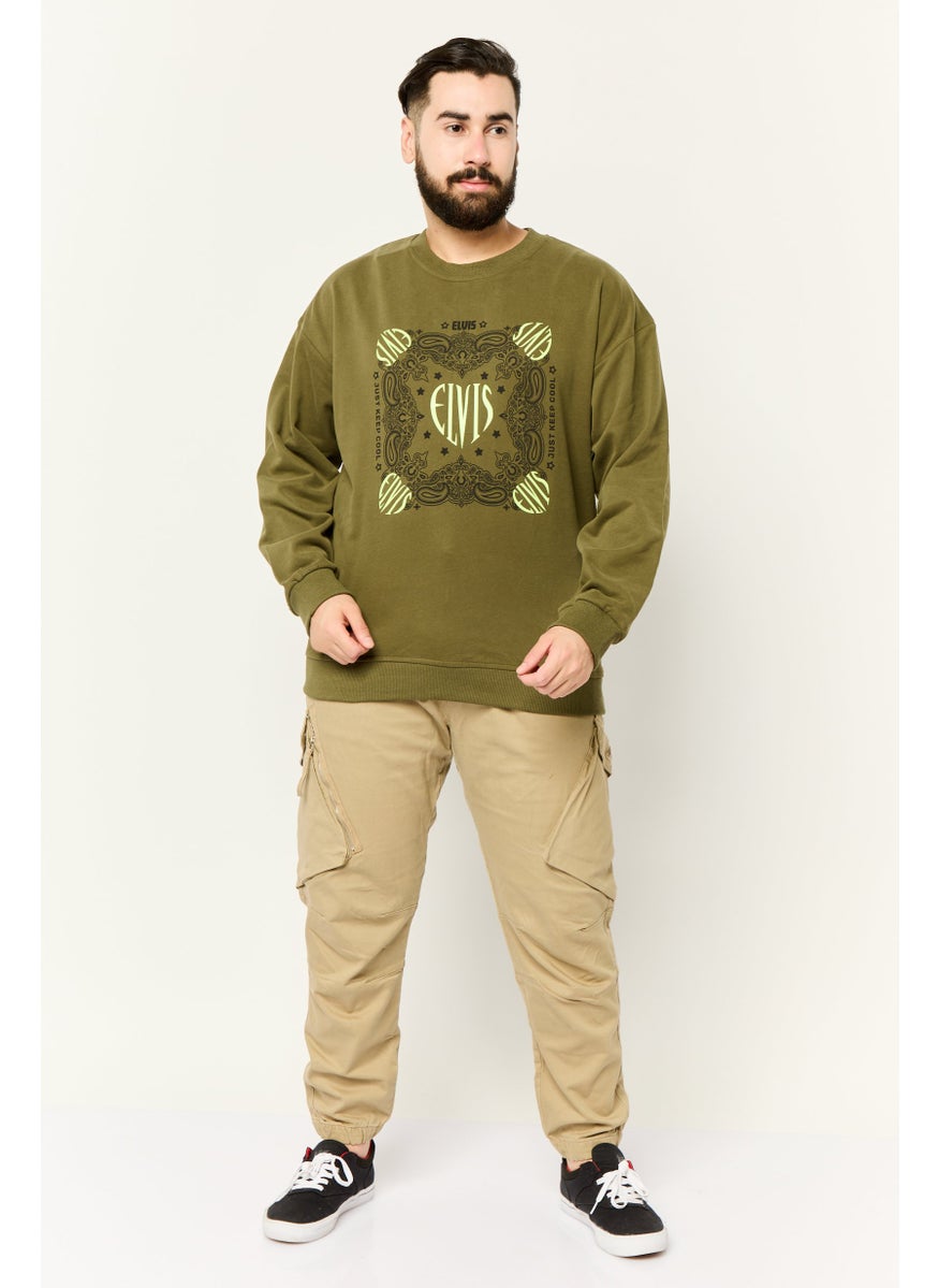 ELVIS Men Crew Neck Long Sleeves Graphic Printed Sweatshirt, Dark Olive  - Image 3