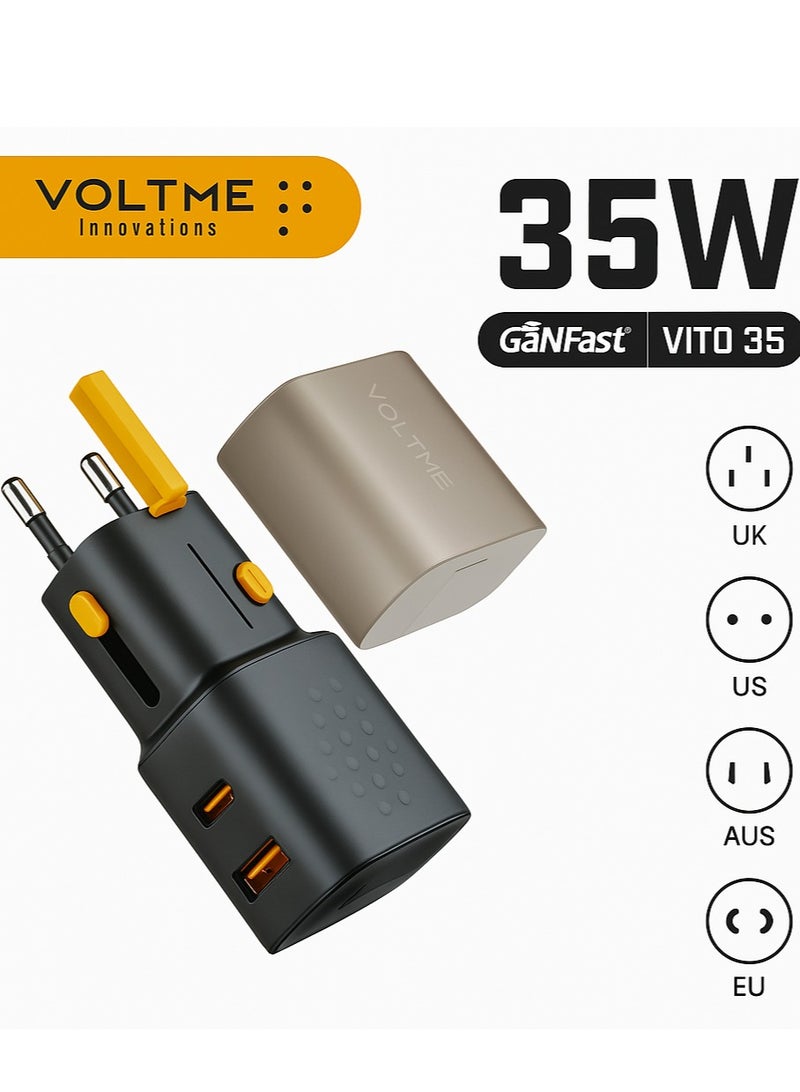 VOLTME Compact GaN3 Universal Travel Adapter 35W Fast Charging with PD3.0 Type-C & QC4.0 USB-A, All-in-One Travel Charger for Worldwide Use (USA/UK/EU/AUS & 150+ Countries), High-Speed Multi-Port Plug Adapter for iPhone 16 Pro Max, 15 Plus, Samsung Galaxy S25 Ultra, Pixel 8 Pro, iPad Pro M4, MacBook Air M2, Galaxy Buds3, Watch 7 & More (Black)  - Image 1