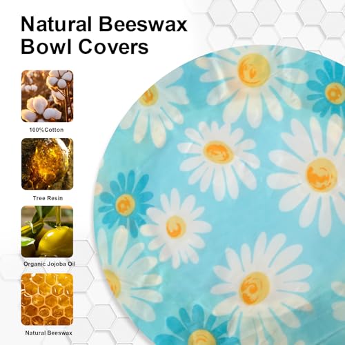 BERBAM 2Pcs Reusable Bowl Covers for Bread Proofing - Cotton Beeswax Bowl Covers Reusable with Elastic Rim, Eco-Friendly Sourdough Bowl Cover for Food Storage (10INCH) (Yellow & Blue daisy) - Image 4