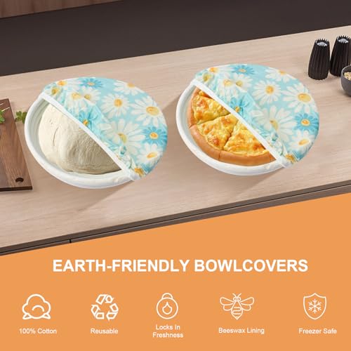 BERBAM 2Pcs Reusable Bowl Covers for Bread Proofing - Cotton Beeswax Bowl Covers Reusable with Elastic Rim, Eco-Friendly Sourdough Bowl Cover for Food Storage (10INCH) (Yellow & Blue daisy) - Image 3