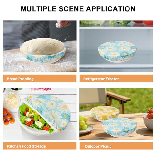BERBAM 2Pcs Reusable Bowl Covers for Bread Proofing - Cotton Beeswax Bowl Covers Reusable with Elastic Rim, Eco-Friendly Sourdough Bowl Cover for Food Storage (10INCH) (Yellow & Blue daisy) - Image 5