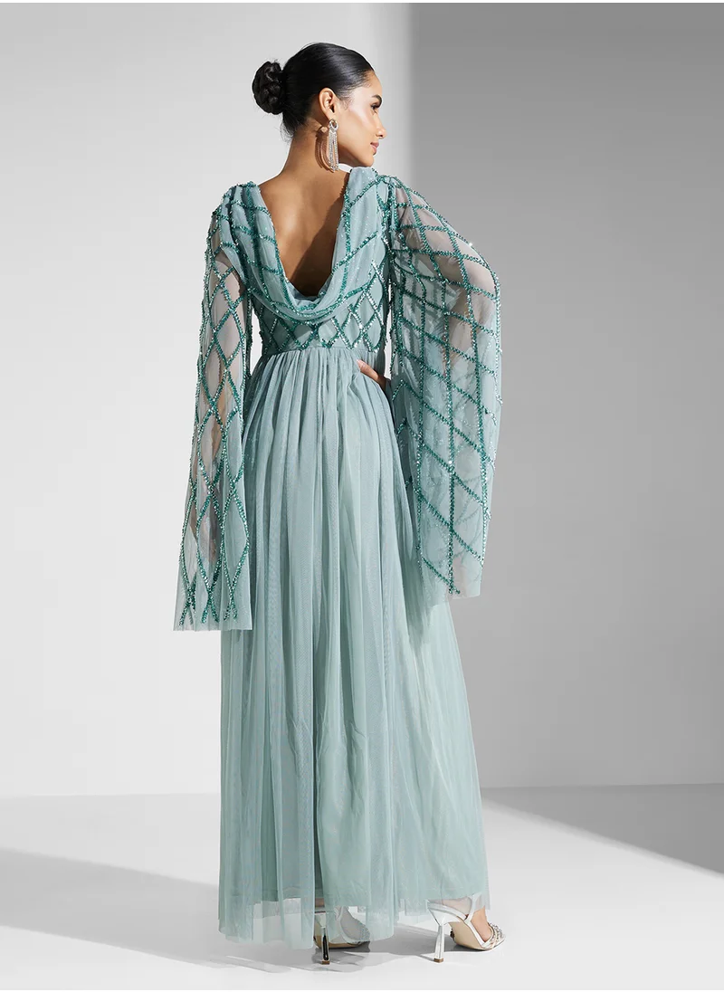 Amelia Rose Embellished Mesh Detailed Tiered Dress