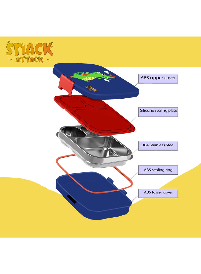 Snack attack SKids Bento Lunch Box with Spoon & Fork – Leakproof 3-Compartment Stainless Steel Lunchbox for Boys – BPA-Free, Cute Cartoon Design, Easy to Open, Ideal for School & Daycare Dino Theme - Image 3