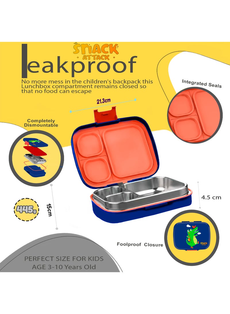 Snack attack SKids Bento Lunch Box with Spoon & Fork – Leakproof 3-Compartment Stainless Steel Lunchbox for Boys – BPA-Free, Cute Cartoon Design, Easy to Open, Ideal for School & Daycare Dino Theme - Image 2