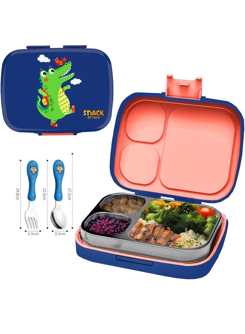Snack attack SKids Bento Lunch Box with Spoon & Fork – Leakproof 3-Compartment Stainless Steel Lunchbox for Boys – BPA-Free, Cute Cartoon Design, Easy to Open, Ideal for School & Daycare Dino Theme - Image 1