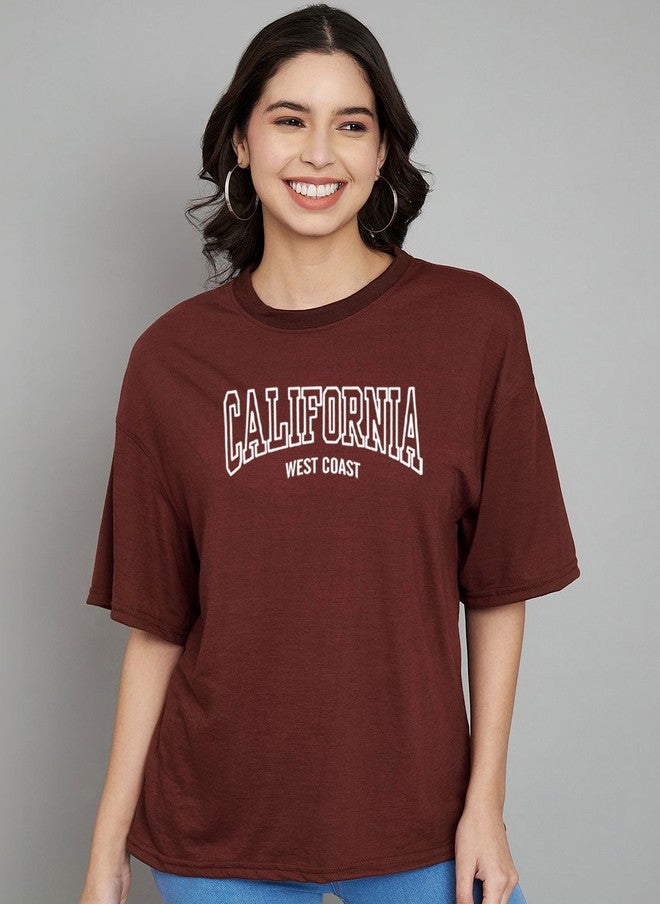 TREND LEVEL Coffee Brown Typography Printed Drop-Shoulder T-shirt for Women - Image 1