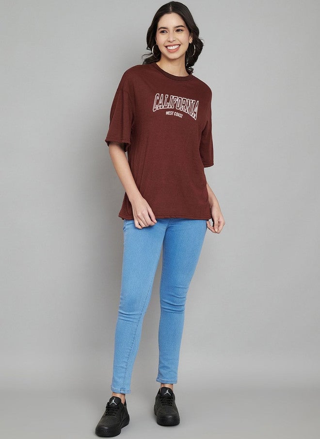 TREND LEVEL Coffee Brown Typography Printed Drop-Shoulder T-shirt for Women - Image 4