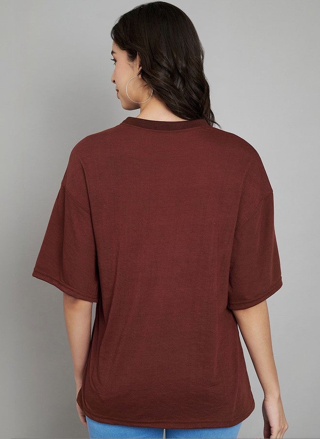 TREND LEVEL Coffee Brown Typography Printed Drop-Shoulder T-shirt for Women - Image 5