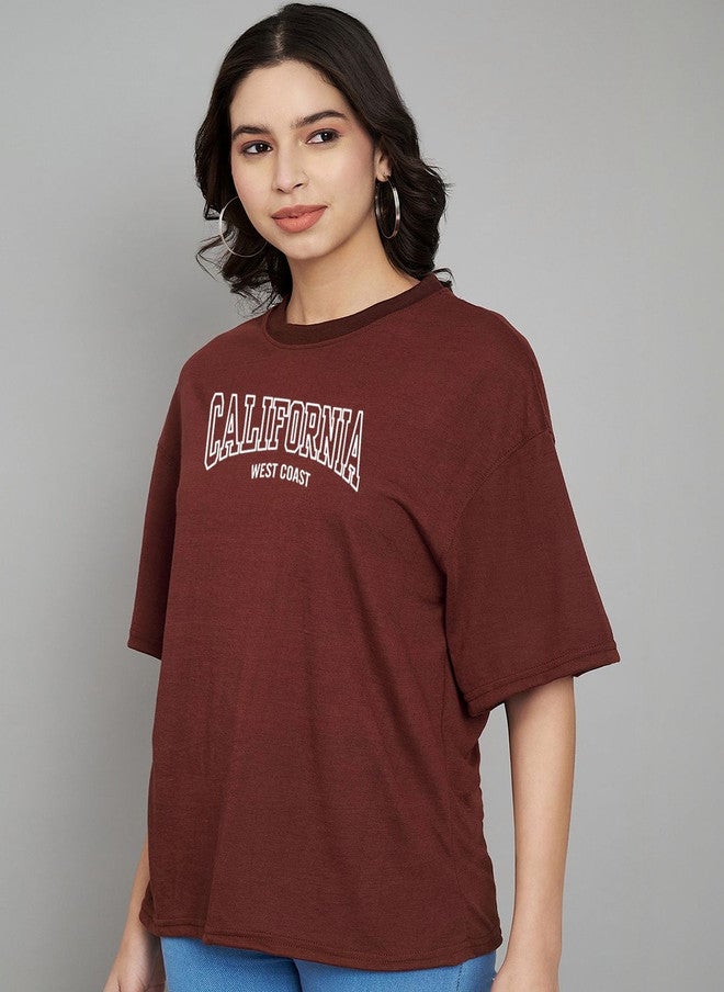 TREND LEVEL Coffee Brown Typography Printed Drop-Shoulder T-shirt for Women - Image 3