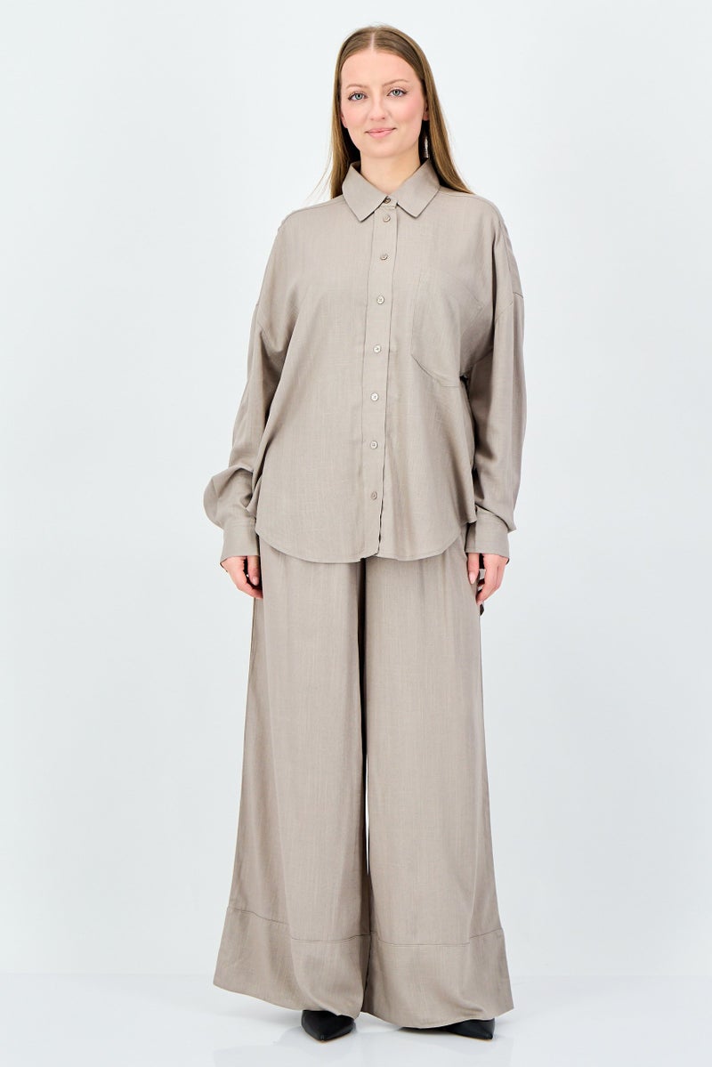 ANNE KLEIN Women 2Pcs Long Sleeve Shirt And Pants Set, Grey - Image 1