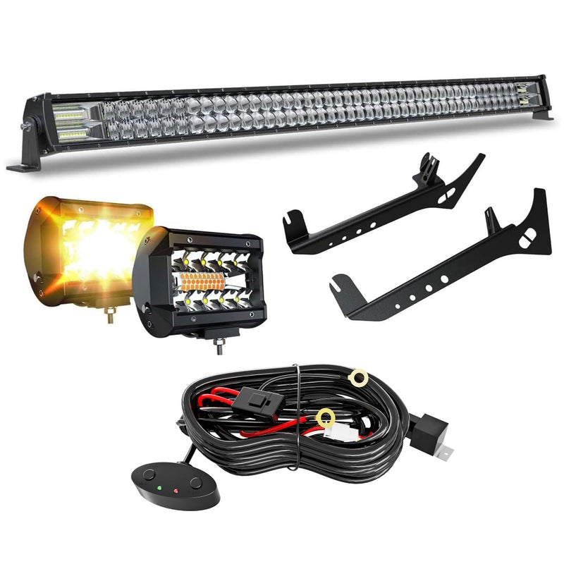 شريط إضاءة LED بطول 52 بوصة لجيب رانجلر JL 2022 وجلاديتور JT 1822 مع مصابيح LED 4 بوصة بيضاء/كهرمانية/صفراء وضوء ضبابي