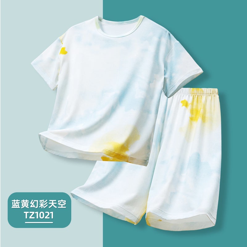 Childrens Pajamas Summer Thin Ice Silk Childrens Air-conditioning Clothing Boys Bamboo Fiber Antibacterial Class A Baby Home Clothing HZ1428/Blue Yellow Magic Sky TZ1021 