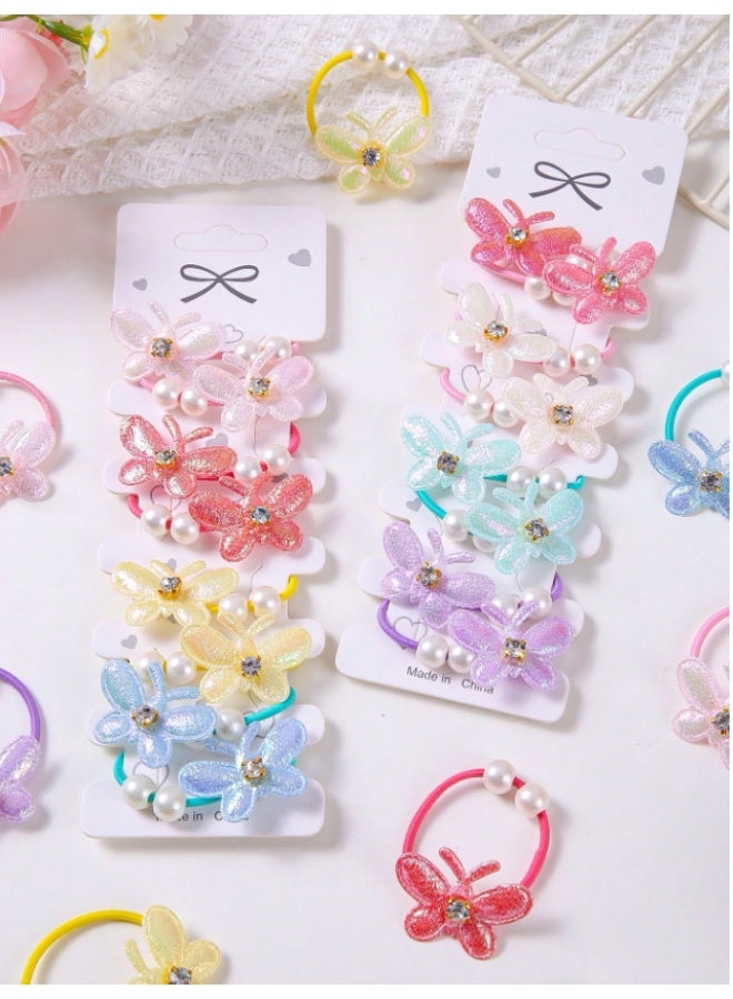 Kids Butterfly Hair Ties Set – Glitter Butterfly Elastic Bands with Pearl Detail, Cute Soft Ponytail Holders for Girls, Colorful Baby Hair Accessories (10Pcs) - Image 1