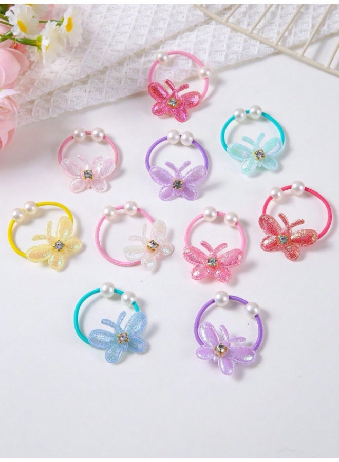 Kids Butterfly Hair Ties Set – Glitter Butterfly Elastic Bands with Pearl Detail, Cute Soft Ponytail Holders for Girls, Colorful Baby Hair Accessories (10Pcs) - Image 2