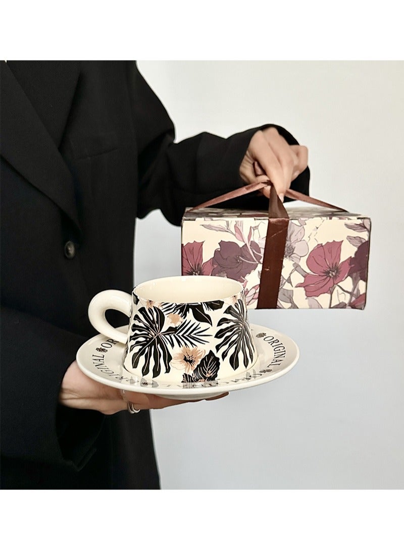 Aikanbo Ceramic Coffee Cup and Saucer Gift Box Set，Vintage Floral Design，Perfect for Espresso，Tea or Coffee Lovers， Gift Boxed for Home，Office or Special Occasion (Black banana leaf) - Image 1