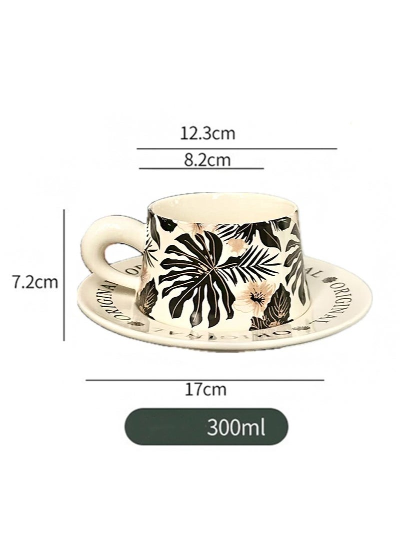 Aikanbo Ceramic Coffee Cup and Saucer Gift Box Set，Vintage Floral Design，Perfect for Espresso，Tea or Coffee Lovers， Gift Boxed for Home，Office or Special Occasion (Black banana leaf) - Image 2