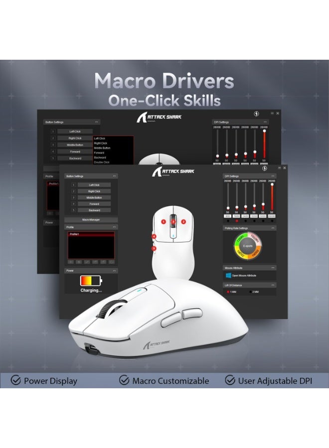 Attack Shark Shark Attack X3PRO Wireless Lightweight 4K/8K Gaming Mouse with Triple Mode (Wired/2.4GHz/Bluetooth) PAW3395 Optical Sensor and 200 Hours Battery 26K DPI Kailh GM8.0 Switch Long-Lasting Battery 7 Buttons for PC/Laptop/Windows/Mac White - Image 5