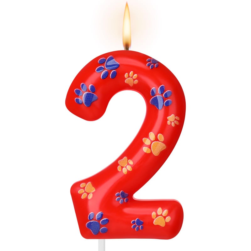 Conelist Number 2 Dog Paw Birthday Candles Dog Toppers Candles Blue Yellow and Red Numeral Birthday Cake Topper for 2 Year Old Boy Girl Paw Party Decoration Party Supplies - Image 1