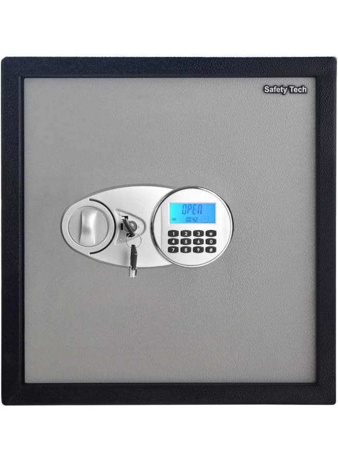 Safety Tech Digital safe with a very powerful alarm and triple lock from Safety Tech - 2 internal shelves - emergency key - 5 ring and key holders integrated into the safe's interior. Dimensions: 40 x 38 x 38 cm. Black/Gray. - Image 1
