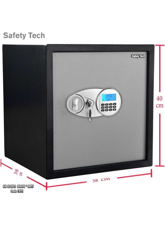 Safety Tech Digital safe with a very powerful alarm and triple lock from Safety Tech - 2 internal shelves - emergency key - 5 ring and key holders integrated into the safe's interior. Dimensions: 40 x 38 x 38 cm. Black/Gray. - Image 2
