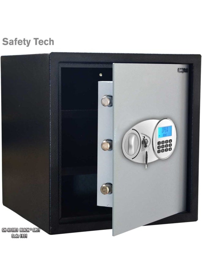 Safety Tech Digital safe with a very powerful alarm and triple lock from Safety Tech - 2 internal shelves - emergency key - 5 ring and key holders integrated into the safe's interior. Dimensions: 40 x 38 x 38 cm. Black/Gray. - Image 4