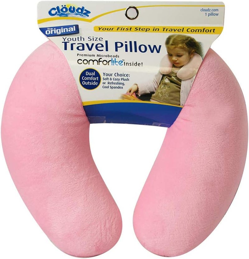 Cloudz Kids Dual Comfort Microbead Airplane Travel Neck Pillow. Super Soft Cozy Plush on One Side, Cool Relaxing Spandex on The Other! Keep Your Kids Comfy and Supported at Home or On The Go! - Pink - Image 1