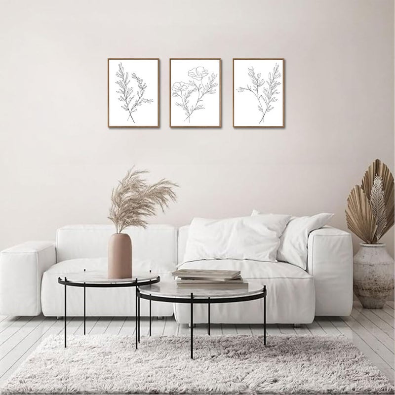 KISSFOX 3 Piece Framed Wall Art Botanical Wall Decor Floral Pictures Wildflower Canvas Art Black White Line Paintings Minimalist Boho Artwork For Bedroom Living Room Bathroom - Image 3