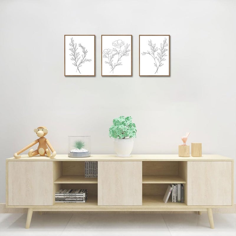 KISSFOX 3 Piece Framed Wall Art Botanical Wall Decor Floral Pictures Wildflower Canvas Art Black White Line Paintings Minimalist Boho Artwork For Bedroom Living Room Bathroom - Image 4