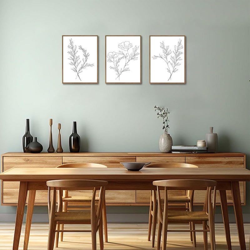 KISSFOX 3 Piece Framed Wall Art Botanical Wall Decor Floral Pictures Wildflower Canvas Art Black White Line Paintings Minimalist Boho Artwork For Bedroom Living Room Bathroom - Image 2