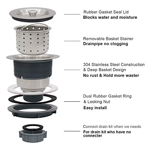 GZILA 3-1/2-Inch Kitchen Sink Drain Strainer Assembly Kit, GZILA Deep Waste Basket Strainer with Sealing Lid Sink Stopper, 304 Stainless Steel Brushed Nickel - Image 5