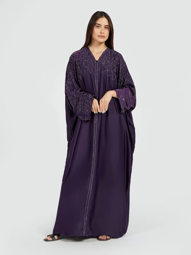 Reem Abayas Royal Purple Embellished Kaftan Style Abaya with Intricate Detailing
