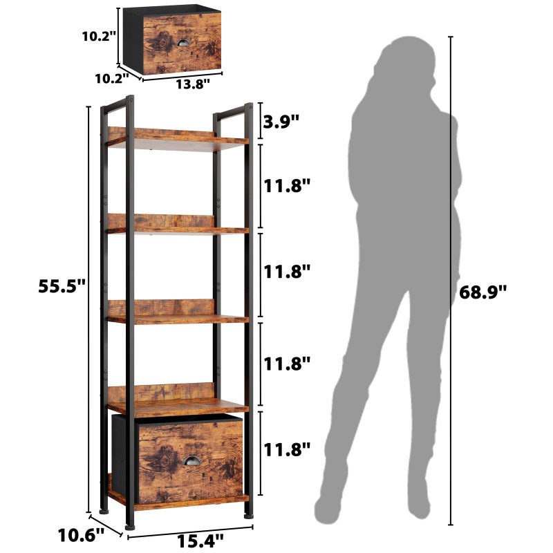 Furologee 5 Tier Bookshelf with Drawer, Tall Narrow Bookcase with Shelves, Wood and Metal Bookshelves Storage Organizer, Industrial Display Standing Shelf Unit for Bedroom, Living Room, Rustic Brown - Image 2