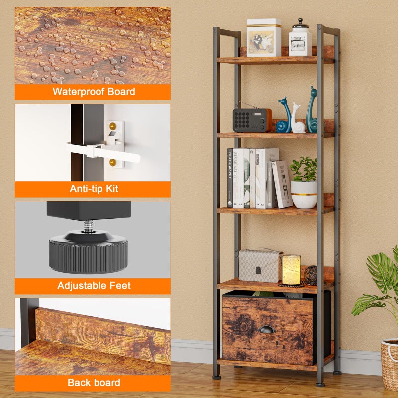 Furologee 5 Tier Bookshelf with Drawer, Tall Narrow Bookcase with Shelves, Wood and Metal Bookshelves Storage Organizer, Industrial Display Standing Shelf Unit for Bedroom, Living Room, Rustic Brown - Image 3