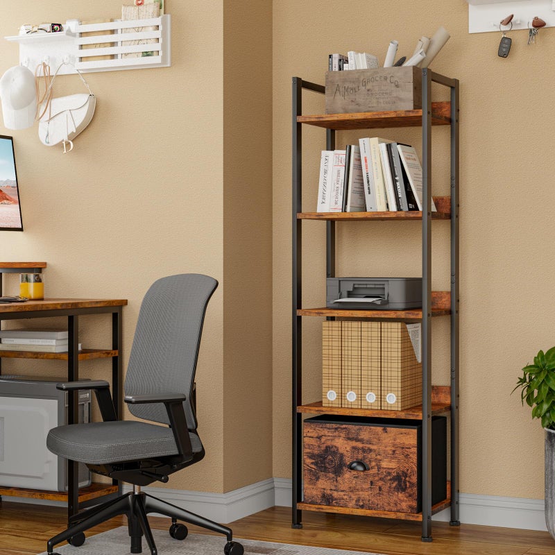 Furologee 5 Tier Bookshelf with Drawer, Tall Narrow Bookcase with Shelves, Wood and Metal Bookshelves Storage Organizer, Industrial Display Standing Shelf Unit for Bedroom, Living Room, Rustic Brown - Image 5