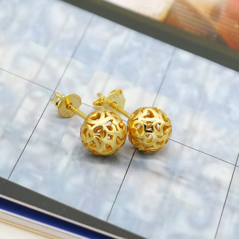 Dankadi Bohemian - Women's 925 Sterling Silver Earrings - 7mm Hollow Pattern Ball Pendant - Silver Stud Earrings - 24k Gold Plating- Fine Jewelry - Birthday Gift (gold) - Image 4