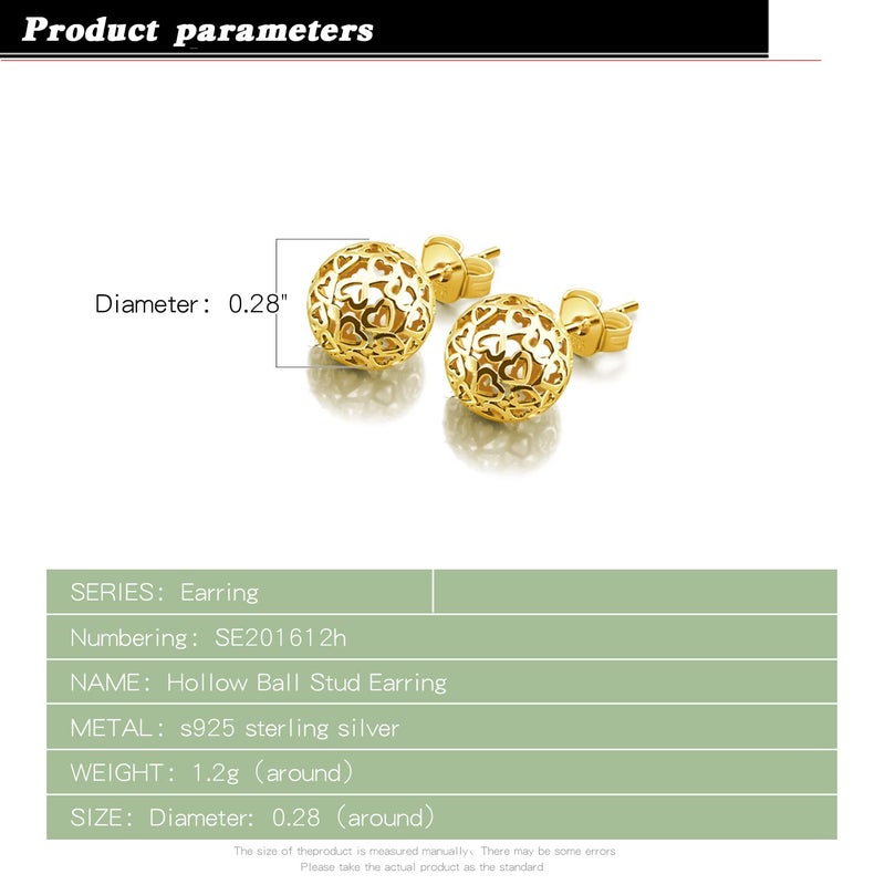 Dankadi Bohemian - Women's 925 Sterling Silver Earrings - 7mm Hollow Pattern Ball Pendant - Silver Stud Earrings - 24k Gold Plating- Fine Jewelry - Birthday Gift (gold) - Image 3