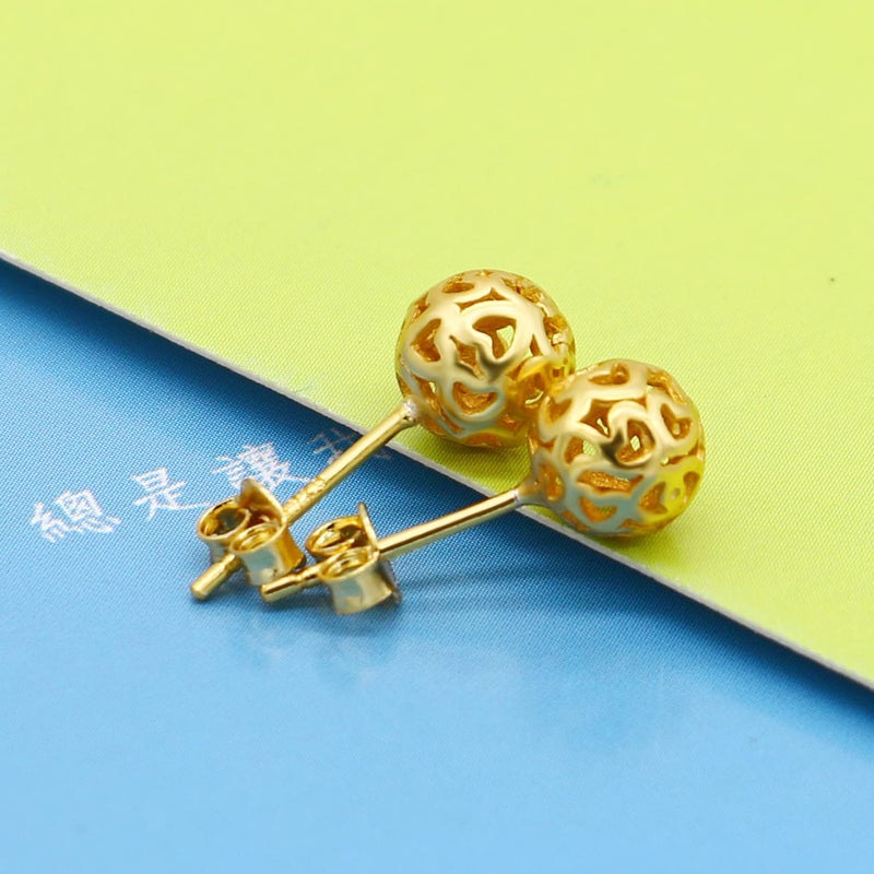 Dankadi Bohemian - Women's 925 Sterling Silver Earrings - 7mm Hollow Pattern Ball Pendant - Silver Stud Earrings - 24k Gold Plating- Fine Jewelry - Birthday Gift (gold) - Image 5