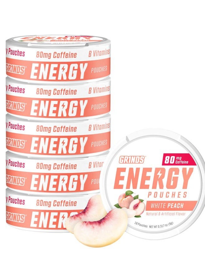 Grinds Energy Pouches - Natural Caffeine Pouches - Contains B-Vitamins, Sugar-Free, & 0 Calories - 80mg of Caffeine in Each Pouch - Peach - 6 Pack, 15 Pouches Per Can - Image 1