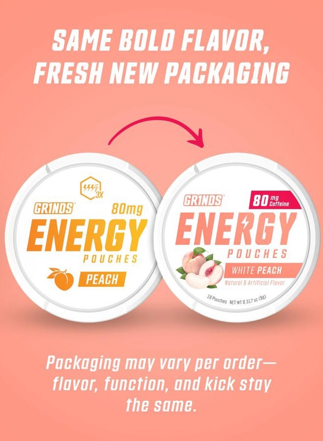 Grinds Energy Pouches - Natural Caffeine Pouches - Contains B-Vitamins, Sugar-Free, & 0 Calories - 80mg of Caffeine in Each Pouch - Peach - 6 Pack, 15 Pouches Per Can - Image 2
