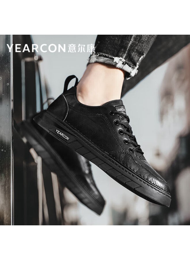 YEARCON Yierkang Men's Casual Shoes, Cowhide Sneakers, Versatile Lace-up Soft-soled Shoes For Men, E53304359, Black, Size 40 - Image 1