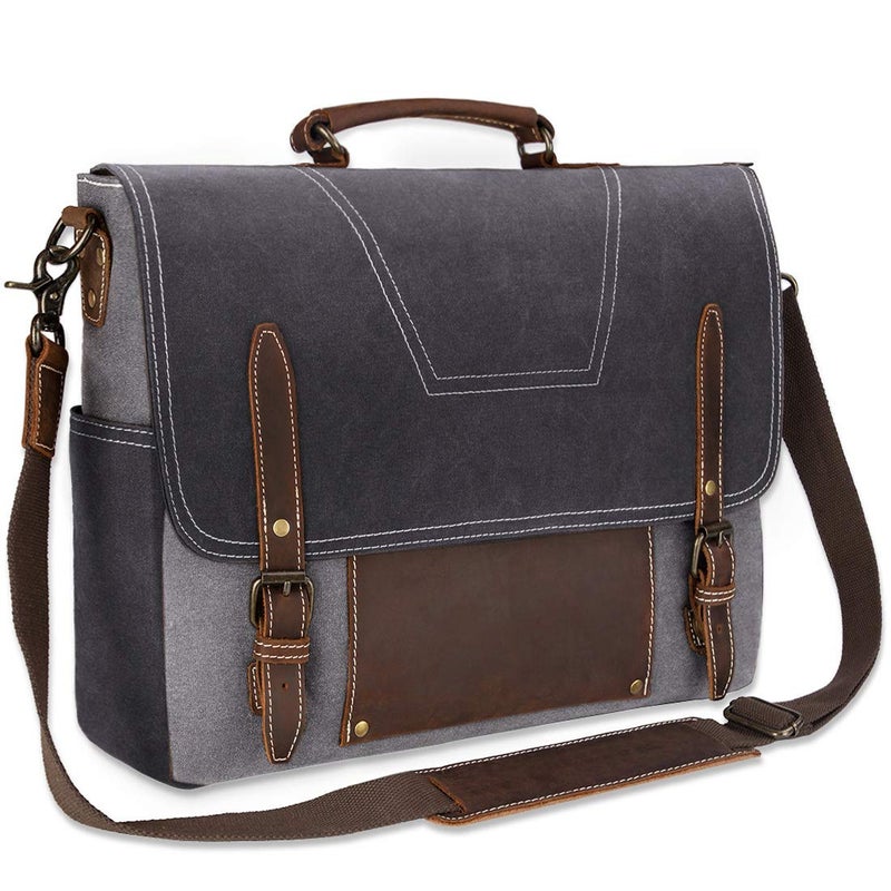 NEWHEY NEWHEY Men's Messenger Bags Laptop Vintage Leather Canvas Shoulder Bag Men Waterproof Business Briefcase for Work and School 15.6 Grey  - Image 1