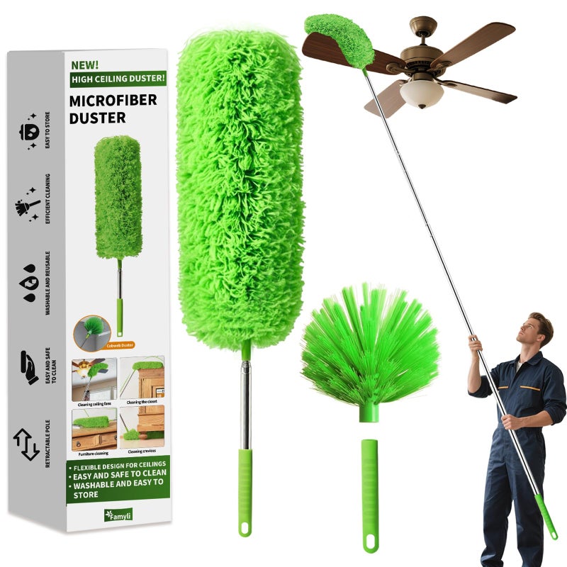 FAMYLI Cobweb Duster with Extension Pole, Washable Cleaning Duster Set with 2 Duster Heads, Corner Brush, 15-110-Inch Telescoping Pole for high Ceiling Fans, Long Duster for high Ceilingsï¼ŒSpider Web Brush - Image 1